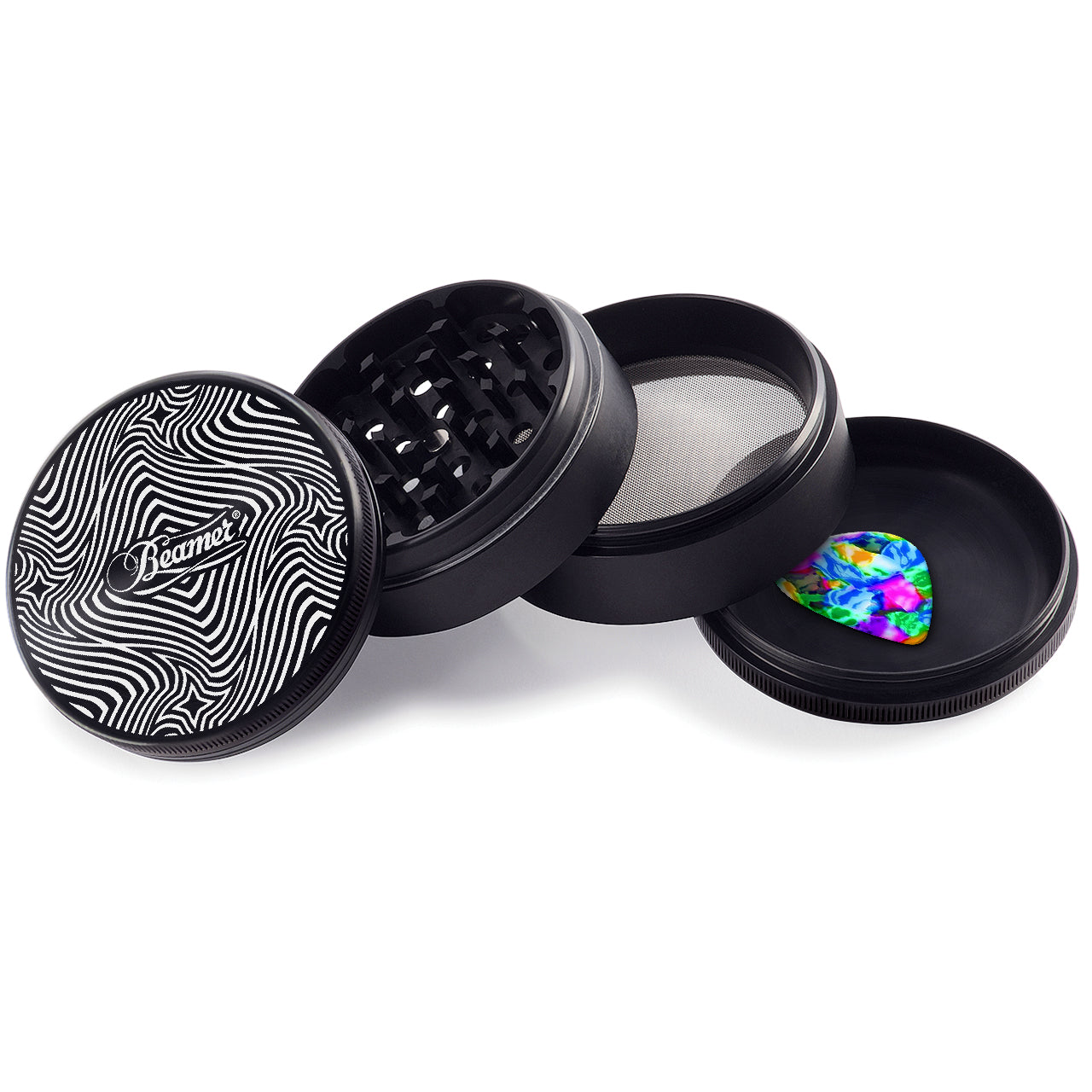 Beamer Aircraft Grade Aluminum 63MM Grinder - Psychedelic Star Maze - Black